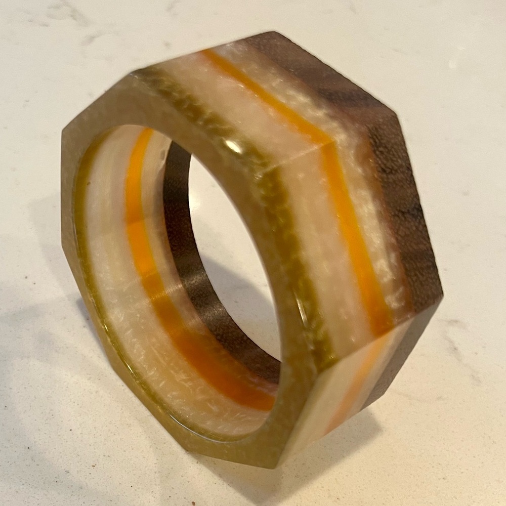 CHICO'S Boho Modern Orange Cream + Green Wood Resin Octagon Bangle Bracelet
